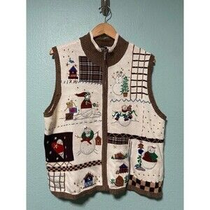 Vintage Designers Studio Women's Cream and Brown Snowman Holiday Sweater Vest XL